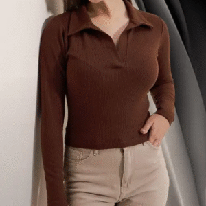 Casual Polyester Blend Ribbed Collar V-Neck & Regular Long Sleeves Stylish Coffee Top (20"Inches)
