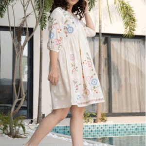 ZUMMER Cotton Floral Embroidered Puff Sleeve Empire Dress