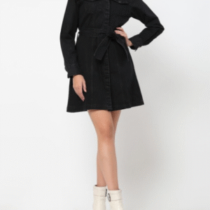 COSMIC TRIO Women Black Cotton Denim Shirt Full Sleeves Shirt Collar Mini Dress